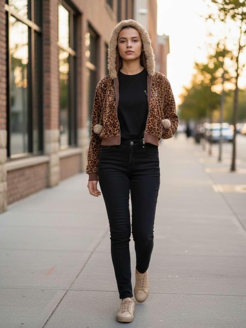 True Religion Leopard Print Velour Zip-Up Hoodie w/ Faux Fur Trim